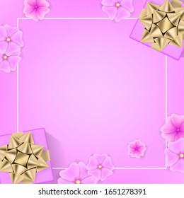 Celebration happy birthday template. Use for greeting card, poster, banner with pink flowers, golden gifts on pink background. Realistic festive style. Vector illustration.