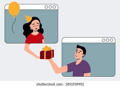 celebration happy birthday video call /birthday girl/ friends conversation online, congratulation and give a gift
 through distance, vector flat illustration EPS