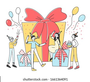 Celebration with happy friends flat vector illustration. Man and woman celebrating Christmas party or other event together. Surprise for girl on birthday. Gifts, presents and entertainment concept.
