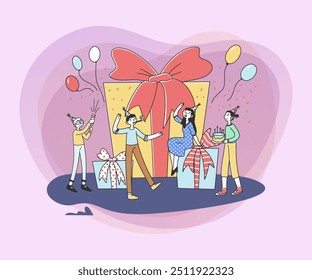 Celebration with happy friends flat vector illustration. Man and woman celebrating Christmas party or other event together. Surprise for girl on birthday. Gifts, presents and entertainment concept.
