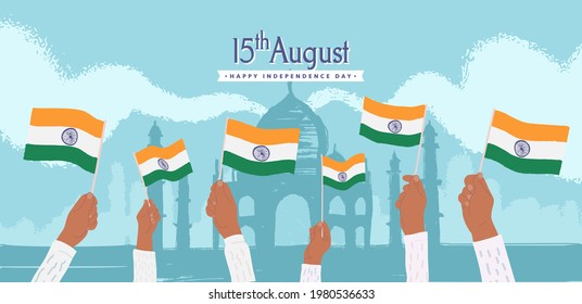 Celebration Happy India independence day the 15th of August vector illustration. Cartoon hands wave India flags on blue sky background.
