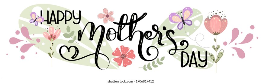 Celebration Happy Mother's Day Calligraphy vector with flowers, butterflies and leaves. Greeting Card vector. Illustration Mother's day