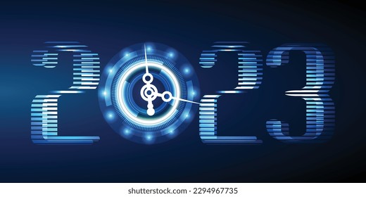 Celebración del Feliz Año Nuevo 2023 con un resumen de la luz azul sobre el fondo futurista de la tecnología, con un concepto de cuenta regresiva. Las manos del reloj son girables. Vector.