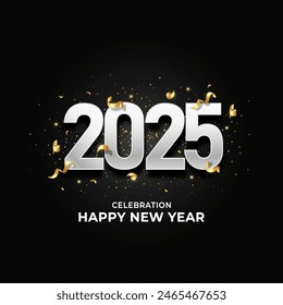 Celebración de feliz año nuevo 2025 con número plateado en el fondo del Anuncio, diseño de tarjeta de felicitación de año nuevo 2025