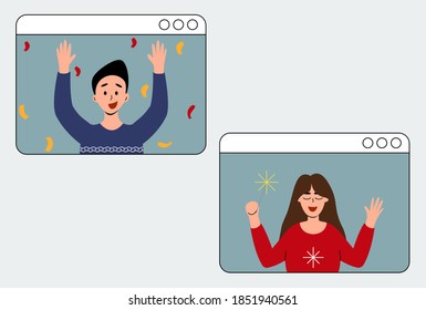 celebration happy new year video call online/ friends conversation online, congratulation through distance, vector flat illustration EPS