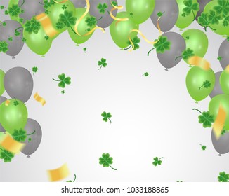 Celebration Happy St. Patrick's day lettering on sparkling dark green clover shamrock leaves background. Abstract Irish holiday backdrop or poster. Balloon Vector illustration