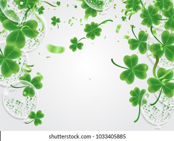 Celebration Happy St. Patrick's day lettering on sparkling dark green clover shamrock leaves background. Abstract Irish holiday backdrop or poster. Balloon Vector illustration