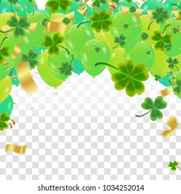Celebration Happy St. Patrick's day lettering on sparkling dark green clover shamrock on transparent background. Art design festive fun decor glitters. Abstract concept graphic tinsel element .