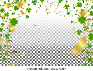 Celebration Happy St. Patrick's day lettering on sparkling dark green clover shamrock leaves background. Abstract Irish holiday backdrop or poster. Balloon Vector illustration