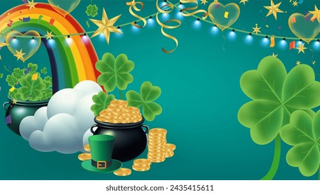 Celebration Happy St. Patricks Day Background for poster, clover leaves and green, banner Happy Patrick. ,header or banner, Vector illustration, art design