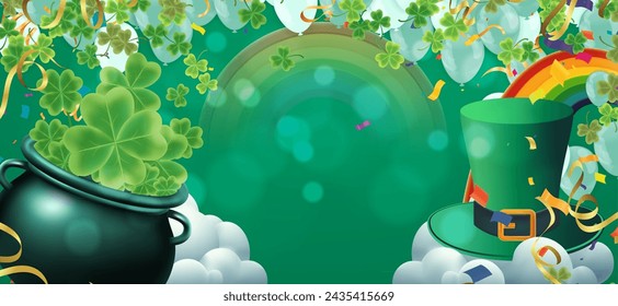 Celebration Happy St. Patricks Day Background for poster, clover leaves and green, banner Happy Patrick. ,header or banner, Vector illustration, art design