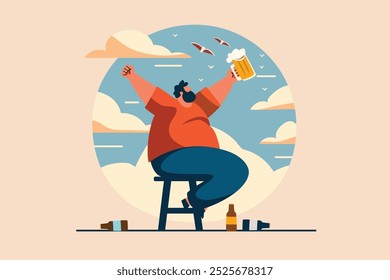 Celebración Concepto de tiempo feliz. gordo - hombre gordo sentado, bebiendo cerveza. telón de fondo azul soleado, positividad corporal, cartel de ventas, Anuncio de descuento