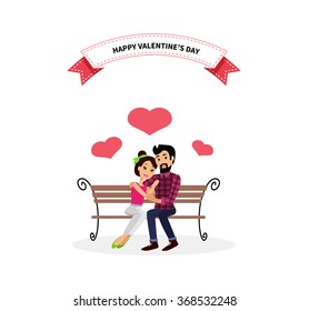 Celebration  Happy valentine day, love couple sitting on bench, woman hug man. Romantic relationship illustration.