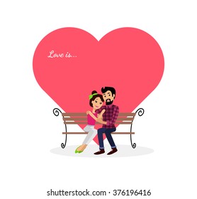 Celebration  Happy valentine day, love couple sitting on bench, woman hug man. Romantic relationship illustration.