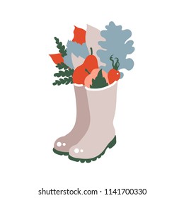 Celebration of harvesting. Print in the Scandinavian style. Autumn leaves, berries, apples, pears in rubber boots. Vector illustration.