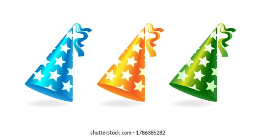 Celebration hat collection. Blue, yellow and green cone cap with star texture.