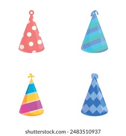 Iconos del sombrero de la celebración establecen el Vector de dibujos animados. Cono de papel de celebración de Festiva. Accesorio festivo