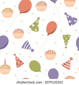 Celebration hats, balloons and cupcakes seamless vector pattern. Template for printing wrapping paper, background for birthday invitations and greeting cards.