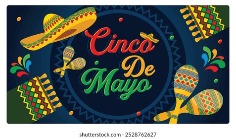 Uma celebração de herança e orgulho no México. As pessoas usam sombreros e dançam música maracas. Conceito Cinco de Mayo. Ilustração de vetor plano.