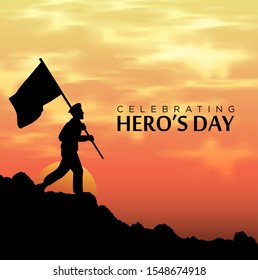 Celebration heroes day with soldier hold flag and sunset background . Suitable for greeting card, poster and banner