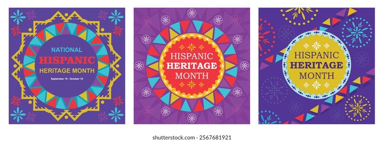 Celebration of Hispanic Heritage Month. Colorful triangular flags as decoration. Greeting card with colorful motifs. Hispanic Heritage Month concept. Set flat vector illustration.