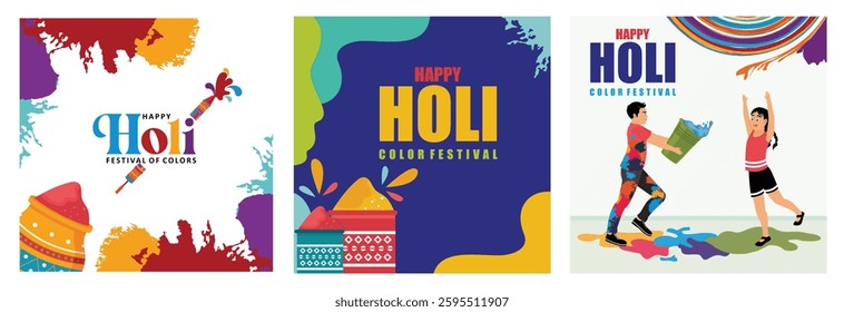 Celebration Holi in India. Holi festival greeting card. A festive and joyful celebration of color. Happy Holi concept. Set flat vector illustration. 