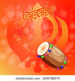 Celebration Holiday Baisakhi. New Year of the Sikhs. Khanda Sikh symbol. Drum, dholak, devanagari. On a red-orange background