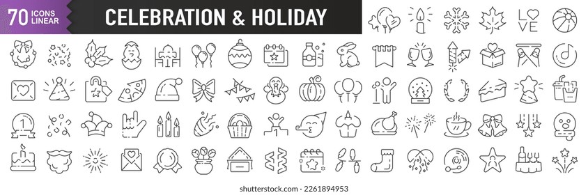 Celebration and holiday black linear icons. Collection of 70 icons in black. Big set of linear icons
