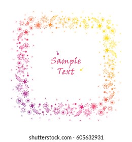 Celebration. Holiday card template with Rainbow Stars. Square frame. Hand drawn doodle Firework vector illustration