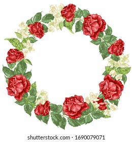 Celebration holiday vector decor wreath with fresh rose and jasmine flowers