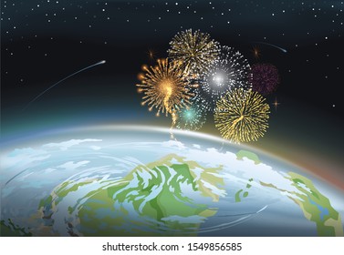 Celebration of holidays with pyrotechnics. Festival or carnival fireworks above planet earth. Splashes of color at night sky. Cosmos with stars and comets. Explosion illuminated above continent vector