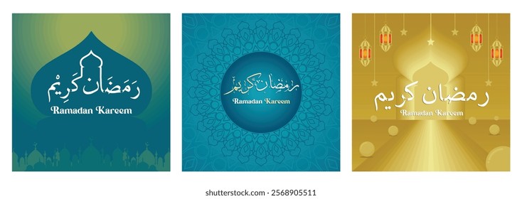 Celebration of the holy month of Ramadan. Ramadan Kareem with beautiful mandala and calligraphy. Ramadan Kareem Arabic calligraphy with stars and lanterns. Ramadan concept. 