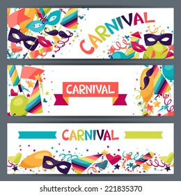 Celebration horizontal banners with carnival icons and objects.