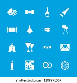 Celebration icon. collection of 16 celebration filled icons such as fence, bow tie, candle, sweet box, party flag, disco ball. editable celebration icons for web and mobile.