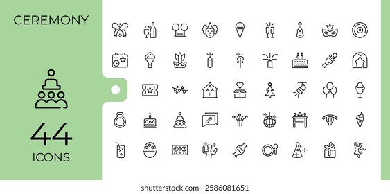Celebration icon collection. It contains symbols to star, fireworks, balloon, decoration, music, champagne, celebrate. Thin icon design. Vector icons editable stroke.