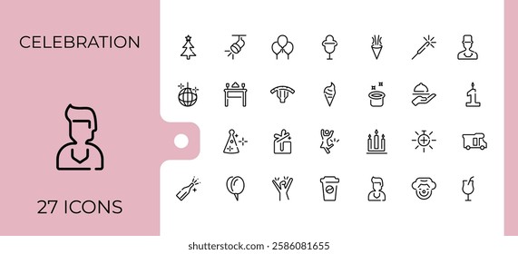 Celebration icon collection. It contains symbols to star, fireworks, balloon, decoration, music, champagne, celebrate. Thin icon design. Vector icons editable stroke.