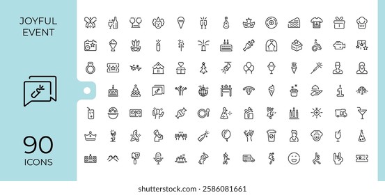 Celebration icon collection. It contains symbols to star, fireworks, balloon, decoration, music, champagne, celebrate. Thin icon design. Vector icons editable stroke.