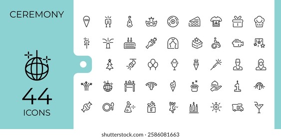 Celebration icon collection. It contains symbols to star, fireworks, balloon, decoration, music, champagne, celebrate. Thin icon design. Vector icons editable stroke.