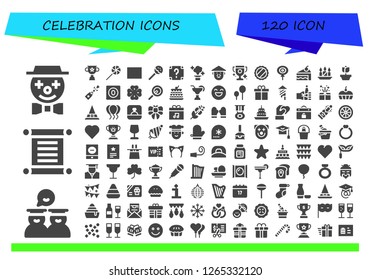  celebration icon set. 120 filled celebration icons. Simple modern icons about  - Clown, Graduates, Torah, Trophy, Lollipop, Gift card, Surprise, Magic, Chinese, Cap, Candy, Cake