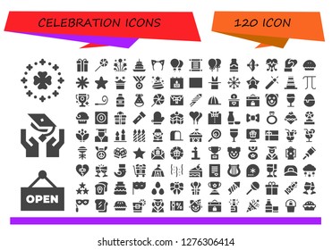  celebration icon set. 120 filled celebration icons. Simple modern icons about  - Saint Patrick, Open, Graduation, Gift, Lollipop, Fireworks, Cake, Headband, Balloons, Torah, Beer bottle