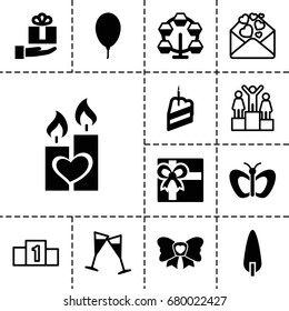 Celebration icon. set of 13 filled and outline celebration icons such as butterfly, gift, pine-tree, bow, candle heart, balloon, wine glass, piece of cake, gift on hand