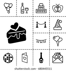 Celebration icon. set of 13 filled and outline celebration icons such as fence, cake slice, champagne bottle with heart, butterfly, love letter, heart balloons, party flag