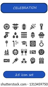 celebration icon set. 25 filled celebration icons.  Collection Of - Candy, Joker, Lantern, Confetti, Opener, Christmas sock, Candies, Garlands, Chinese, Muffin, Lollipop, Candle