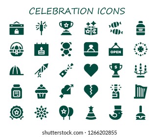  celebration icon set. 30 filled celebration icons. Simple modern icons about  - Event, Sparkler, Trophy, Magic, Candy, Wine bottle, Easter egg, Birthday, Gummy bear, Ring, Open