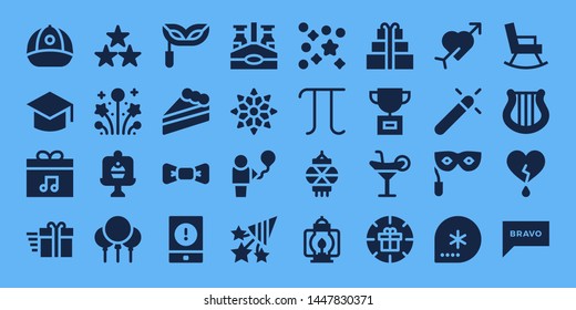 celebration icon set. 32 filled celebration icons. on blue background style Simple modern icons about  - Cap, Graduation, Present, Gift, Star, Fireworks, Cake, Balloons, Eye mask
