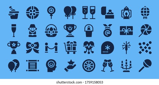 Celebration Icon Set. 32 Filled Celebration Icons. Included Ice Bucket, Champagne, Trophy, Balloons, Gift, Leprechaun, Bow Tie, Torah, Candy, Easter Egg, Velvet, Happiness Icons