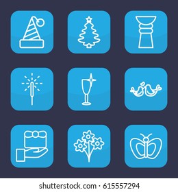 Celebration icon. set of 9 outline celebration icons such as butterfly, clean wine glass, lovebirds, sparkler, gift, trophy, Christmas tree, bouquet