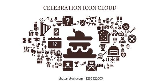  celebration icon set. 93 filled celebration icons. Simple modern icons about  - Cake, Party whistle, Candy cane, Surprise, Clown, Garland, Fireworks, Invitation, Cocktail, Ring