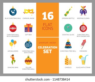Celebration icon set. Balloons, firecrackers, fireworks, Christmas bauble. Holiday concept. Can be used for topics like special day, festive event, entertainment