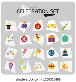 Celebration icon set. Balloons, firecrackers, fireworks, Christmas bauble. Holiday concept. Can be used for topics like special day, festive event, entertainment
